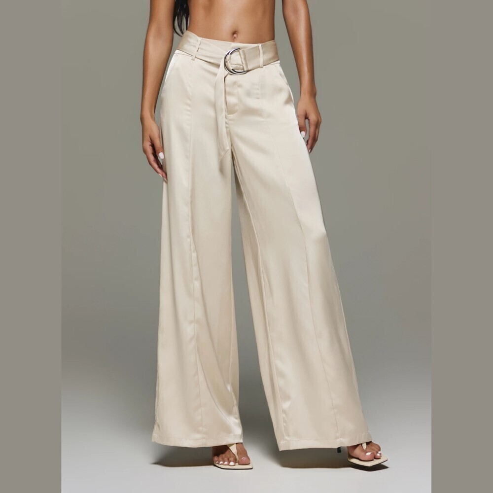 Cream Satin Belted Wide Leg Extra Long Trousers